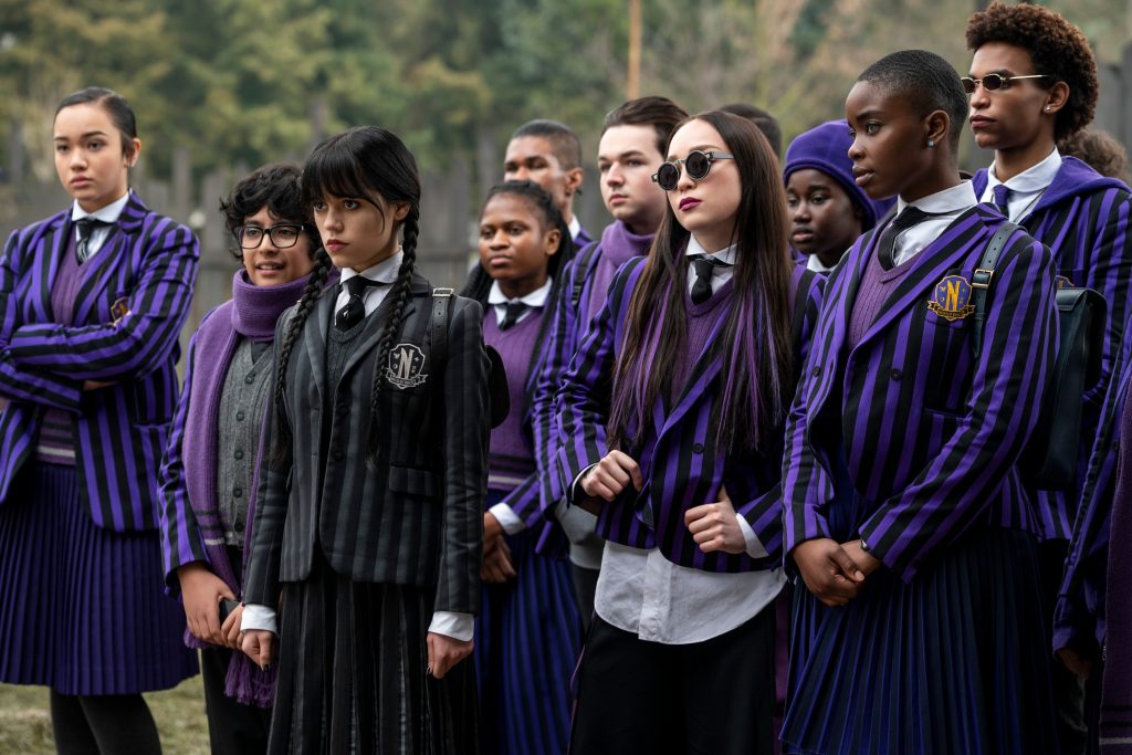 Wednesday. (L to R) Moosa Mostafa as Eugene Otinger, Jenna Ortega as Wednesday Addams, Naomi j Ogawa as Yoko Tanaka, Joy Sunday as Bianca Barclay in episode 103 of Wednesday. Cr. © 2022