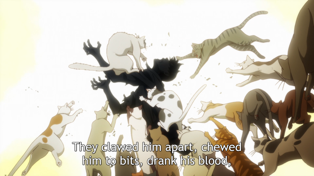 "The Ancient Magus' Bride" screenshot depicting cats clawing a man apart, chewing him to bits, and drinking his blood.