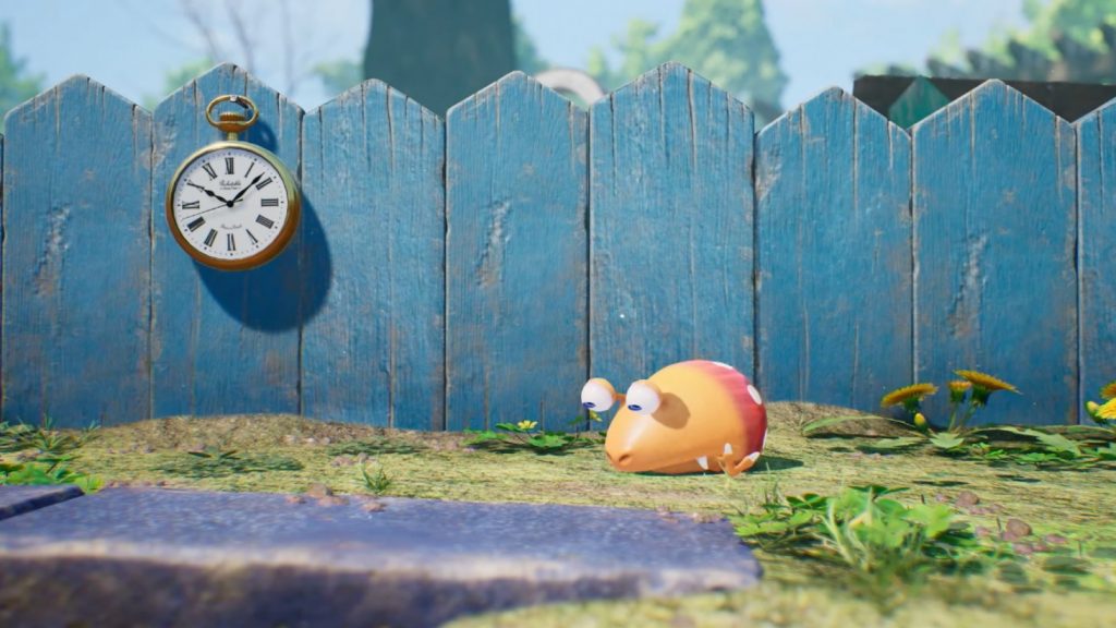 "Pikmin 4" announcement trailer screenshot showing a Red Bulborb snoozing beside a ticking watch on a blue fence.