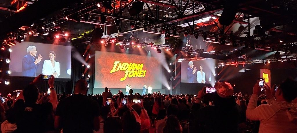 Harrison Ford and Phoebe Waller-Bridge on stage at D23 Expo 2022
