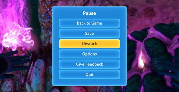 "Subnautica: Below Zero" "What the Dock" update screenshot showing the new Unstuck button on the menu screen.