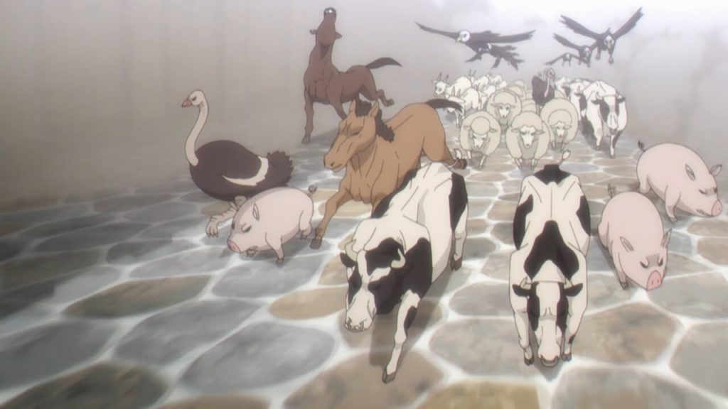 "Spy x Family" screenshot showing the stampede of cows, pigs, horses, goats, sheep, ostriches, and eagles at Eden Academy.