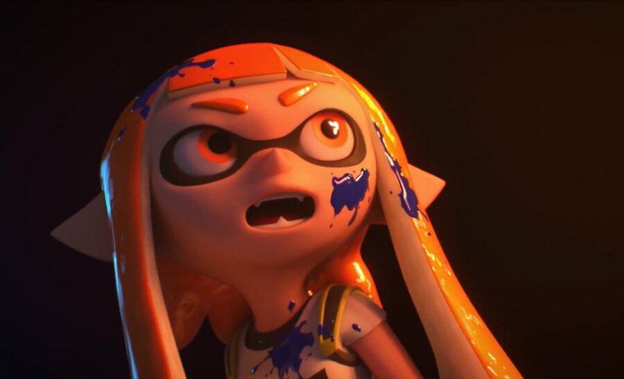 "Splatoon 3" screenshot featuring a shocked orange Inkling.