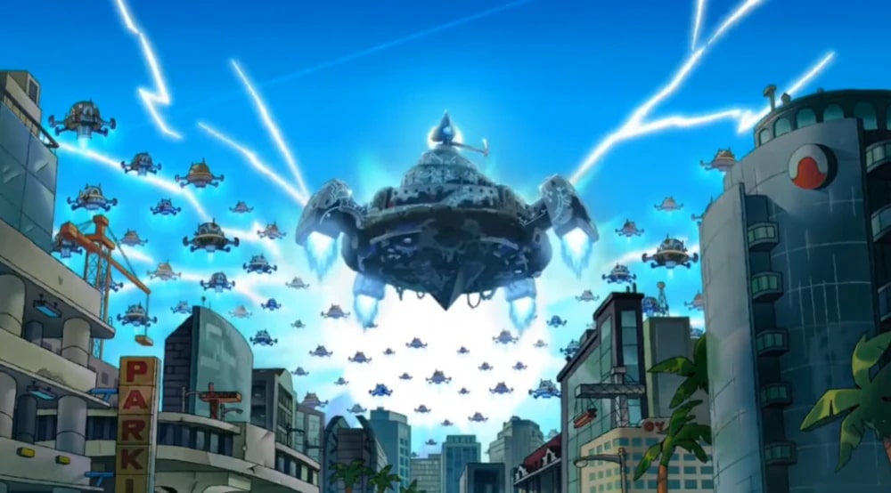 "Amphibia" season 3 ep. 16 segment 2 "The Beginning of the End" screenshot showing King Adrias' aerial armada in the skies over Los Angeles.