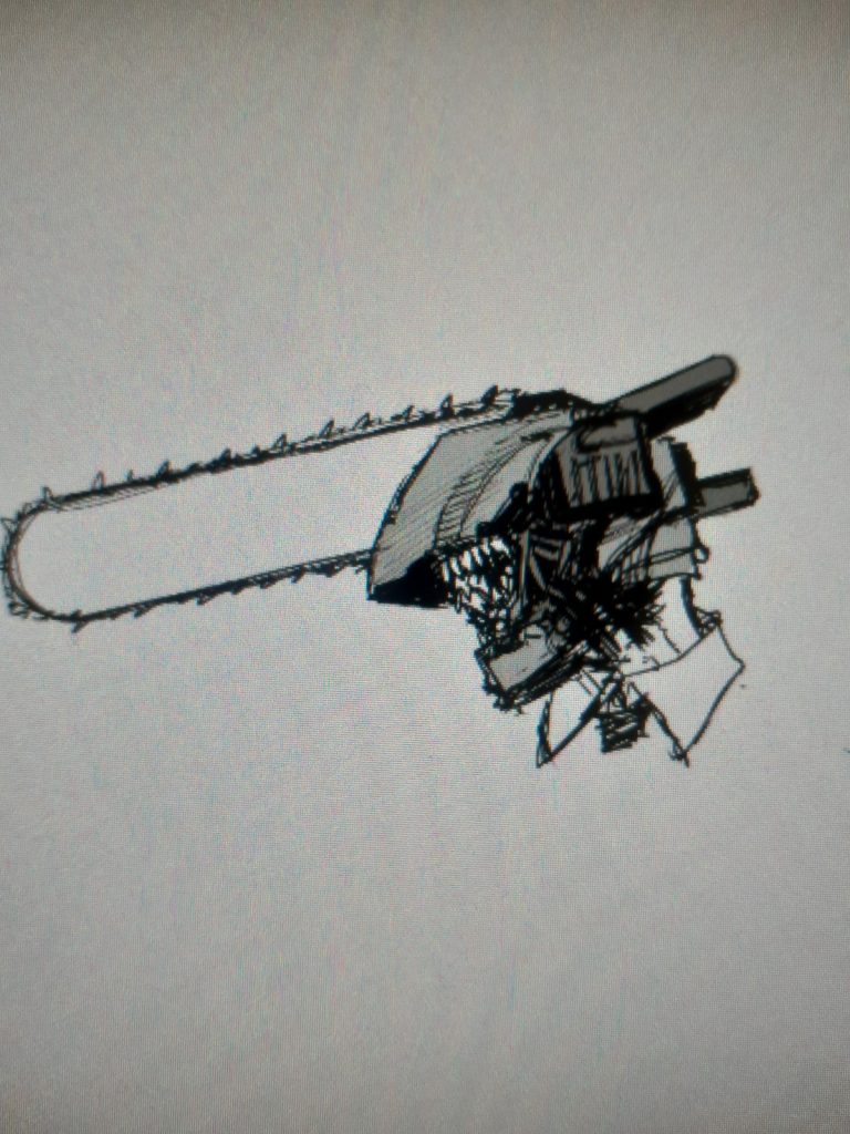 Denji in Chainsaw form concept art from "Chainsaw Man"  by Tatsuki Fujimoro.