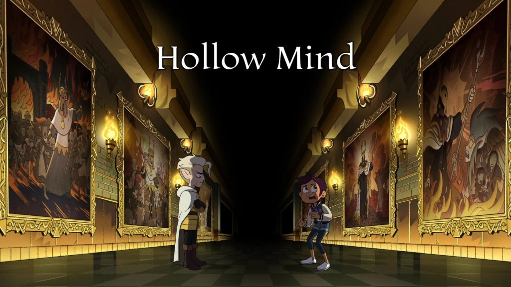 "The Owl House" season 2 episode 16 "Hollow Mind" screenshot showing Luz and Hunter in the darkened corridor of Belos's mind, flanked by portraits on either side.