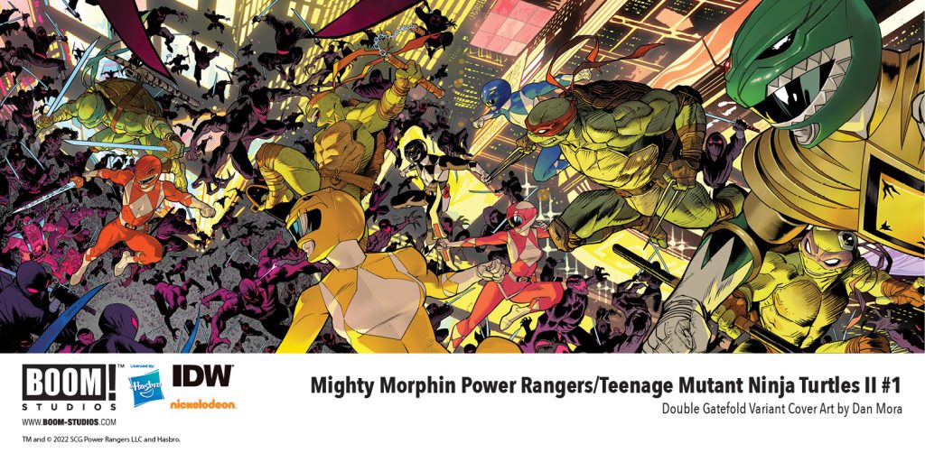 "Mighty Morphin Powers Rangers/Teenage Mutant Ninja Turtles II #1" double gatefold variant cover art by Dan Mora.