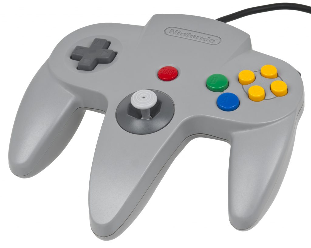Nintendo 64 controller seen from the front at an angle.