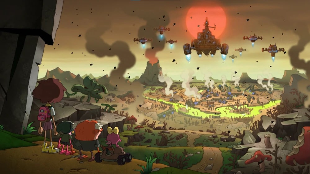 "Amphibia" season 3 ep. 10 "Escape to Amphibia" screenshot showing a devastated Amphibia filled with toxic rivers, automated factories, and King Andrias' floating fortresses looming in the skies.