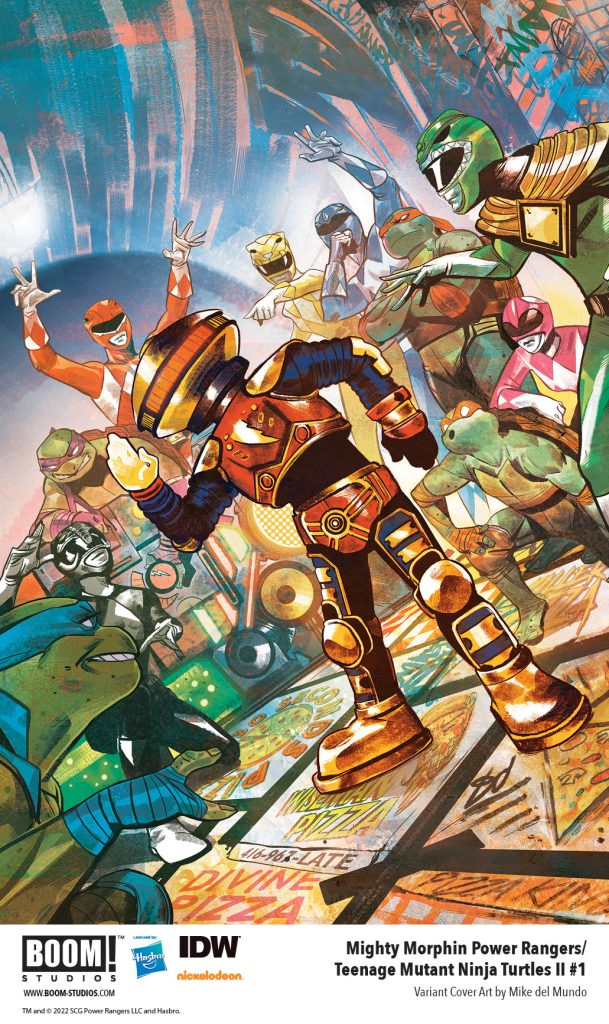 "Mighty Morphin Power Rangers/Teenage Mutant Ninja Turtles II #1" variant cover H art by Mike del Mundo.