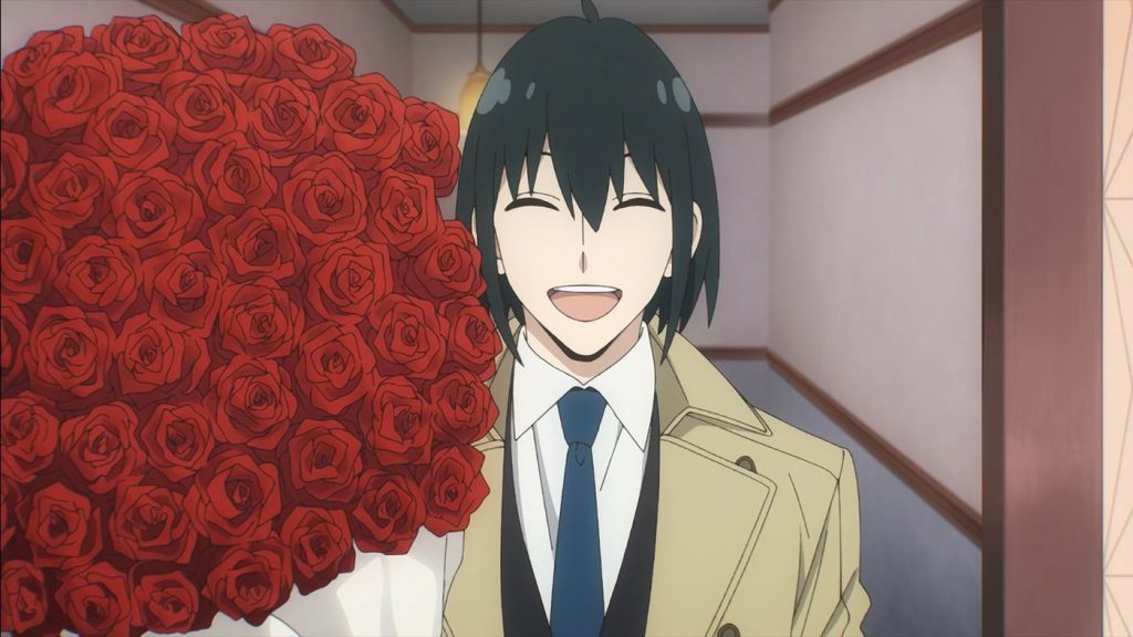 "Spy x Family" cours 1 anime screenshot showing Yuri showing up at the Forgers' doorstep with a huge bouquet of roses bigger than his torso.