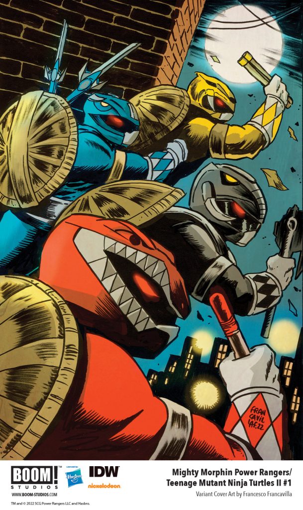 "Mighty Morphin Power Rangers/Teenage Mutant Ninja Turtles II #1" variant cover E art by Francesco Francavilla.