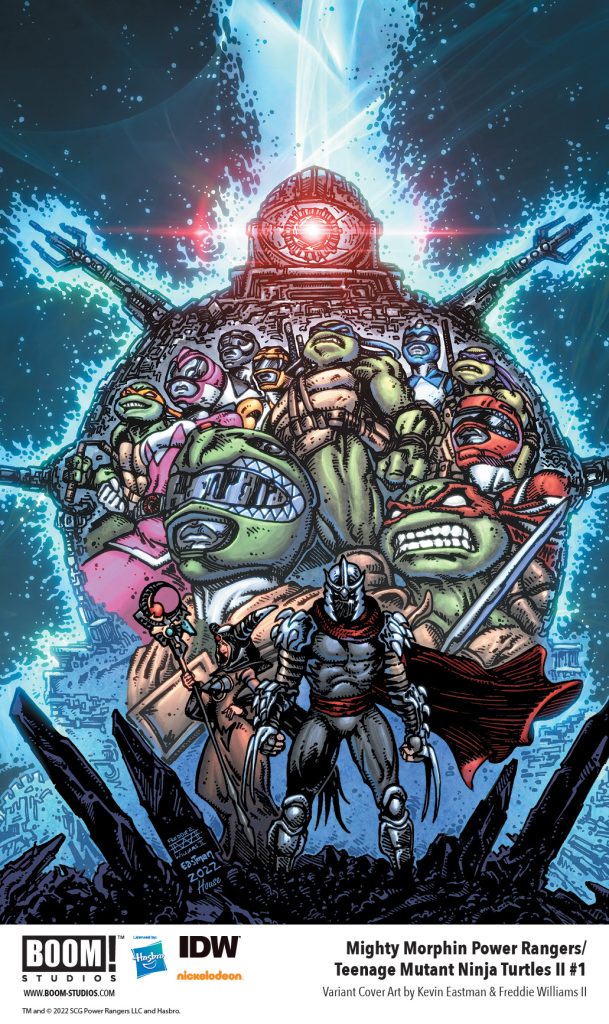 "Mighty Morphin Power Rangers/Teenage Mutant Ninja Turtles II #1" variant cover A art by Kevin Eastman and Freddie Williams.