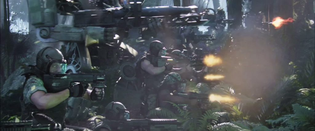 "Avatar" screenshot showing RDA soldiers and mechs opening up on charging Na'vi cavalry.