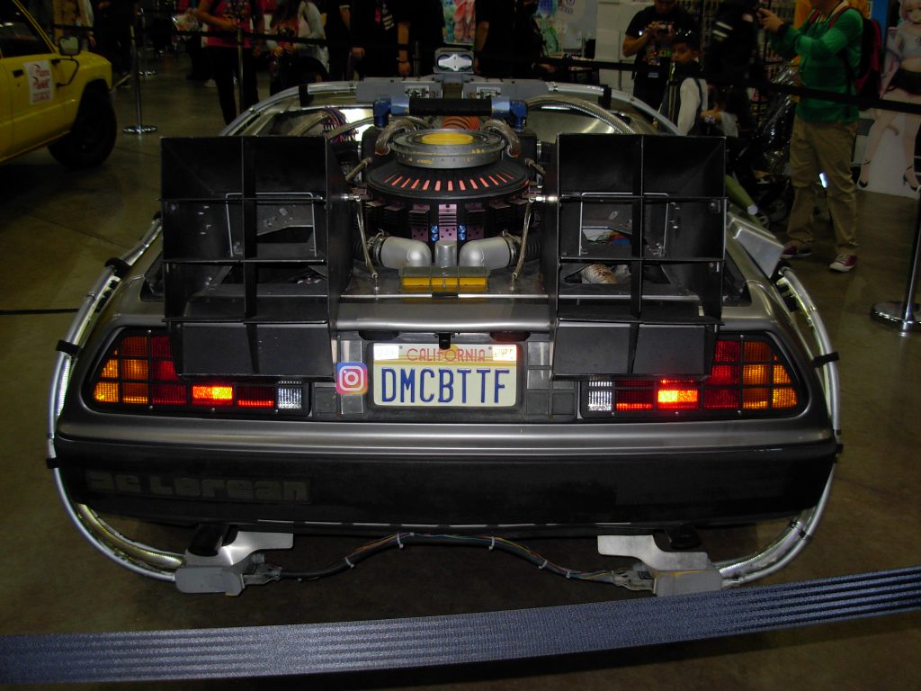 DeLorean time machine from "Back to the Future", rear view.
