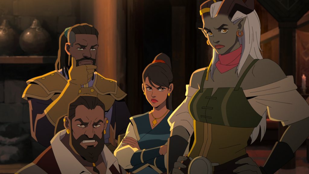 Dragon Age: Absolution (L to R) Phil Lamarr as Roland, Keston John as Lacklon, Sumalee Montano as Hira and Ashly Burch as Qwydion in Dragon Age: Absolution. Cr. COURTESY OF NETFLIX © 2022