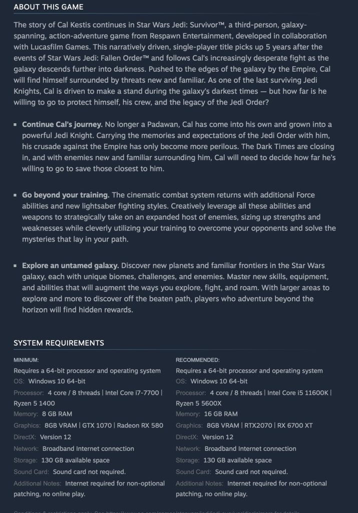 "Star Wars Jedi: Fallen Order" Steam page screenshot, showing a leaked synopsis and gameplay details.