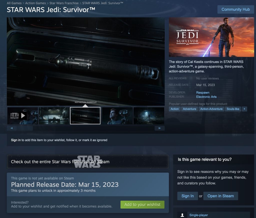 "Star Wars Jedi: Fallen Order" Steam page screenshot, showing the leaked release date.