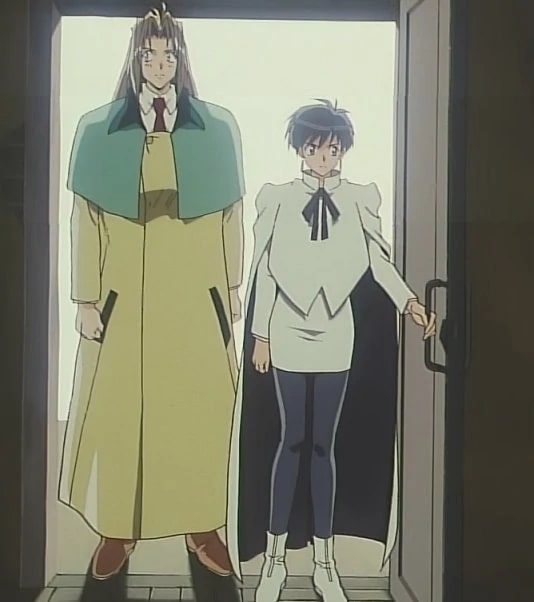 "Trigun" screenshot showing Milly Thompson and Meryl Stryfe entering a doorway, looking like they're ready for trouble.