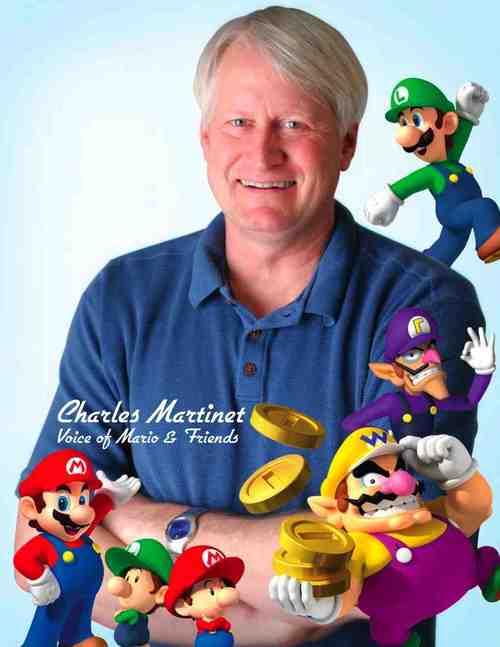 Charles Martinet photo from IMDb, proudly displaying Mario, Luigi, Wario, Waluigi, and Babies Mario and Luigi alongside him.