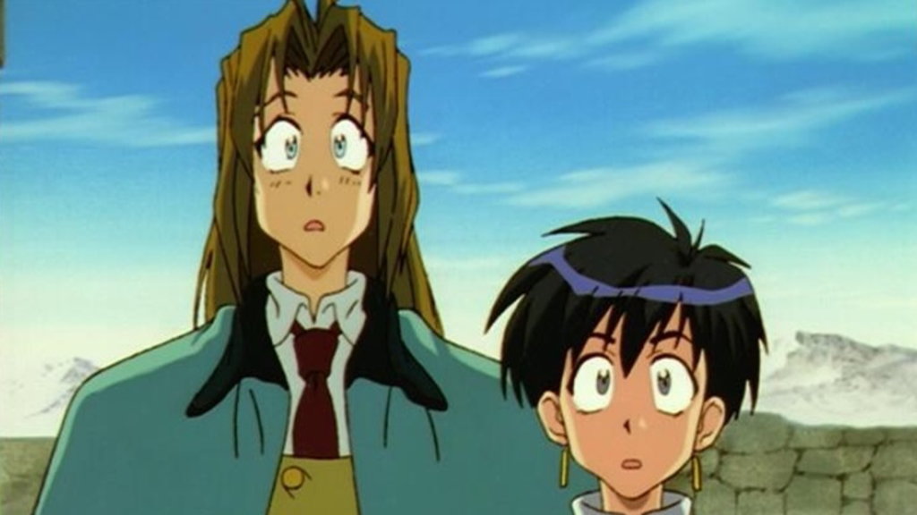 "Trigun" screenshot showing a surprised Milly Thompson and Meryl Stryfe.