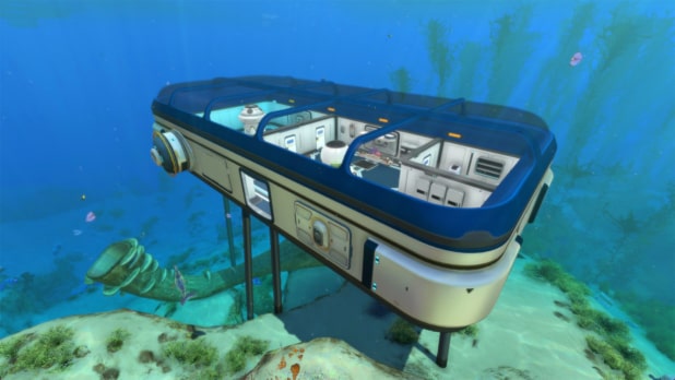 "2.0 Update" screenshot for "Subnautica" showing a Large Room with a glass roof in the Safe Shallows.