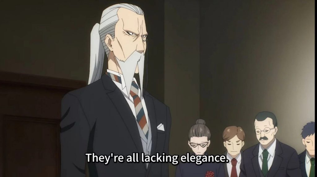 "Spy x Family" anime screenshot showing Henry Henderson proclaiming that "They're all lacking elegance.".