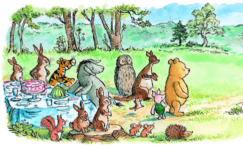 Winnie-the-Pooh and friends hanging out at a party with desserts.