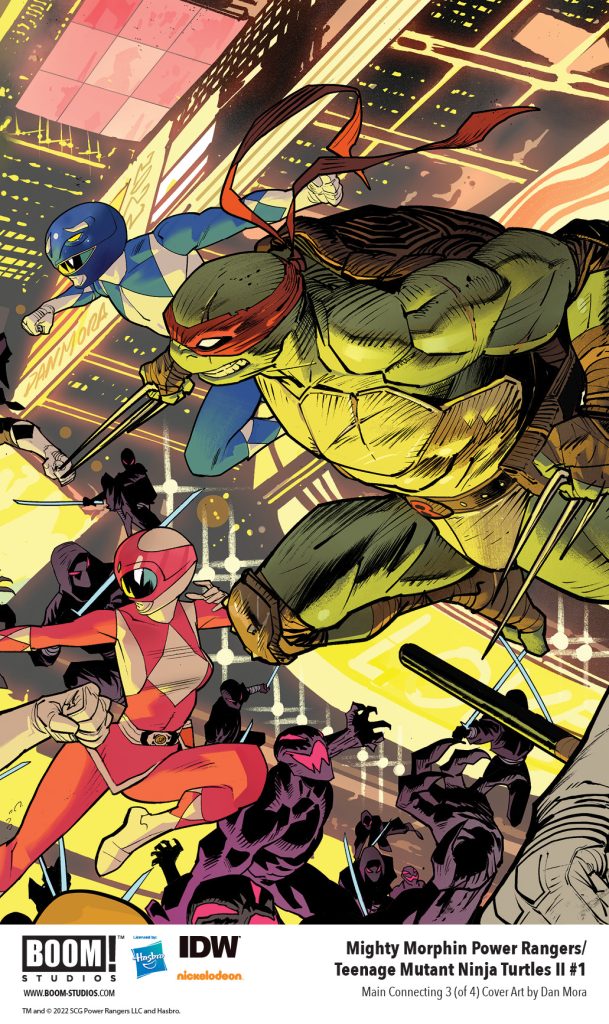 "Mighty Morphin Power Rangers/Teenage Mutant Ninja Turtles II #1" main connecting 3 (of 4) cover art by Dan Mora.