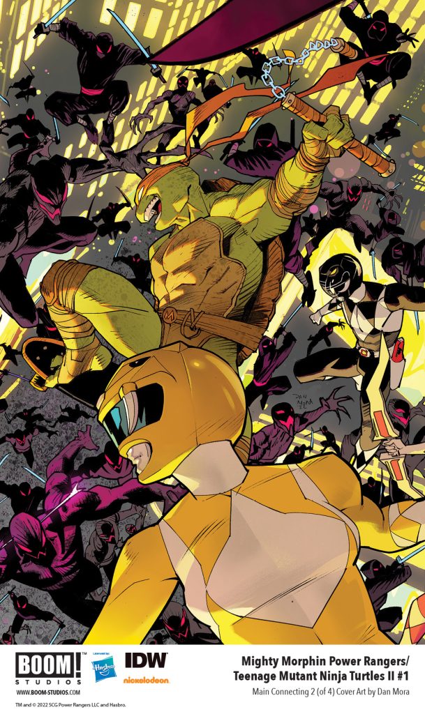 "Mighty Morphin Power Rangers/Teenage Mutant Ninja Turtles II #1" main connecting 2 (of 4) cover art by Dan Mora.