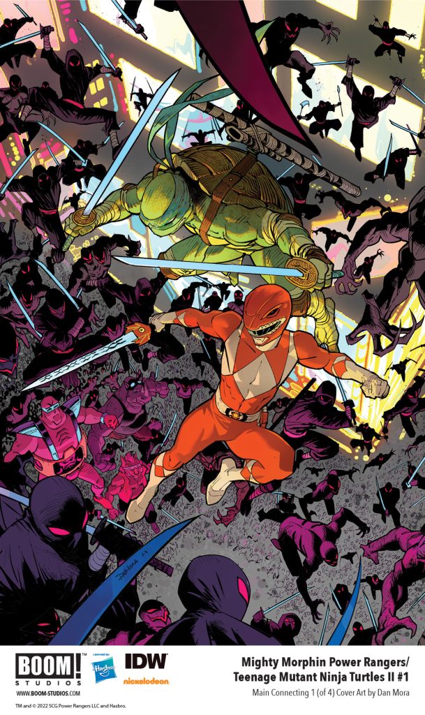 "Mighty Morphin Power Rangers/Teenage Mutant Ninja Turtles II #1" main connecting 1 (of 4) cover art by Dan Mora.