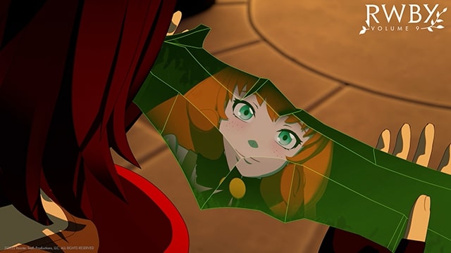 'RWBY Volume 9' screenshot showing Ruby staring at one of Penny's swords, with Penny's face reflected in the blade.