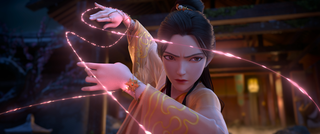 'New Gods: Yang Jian' screenshot showing Wanluo/Goddess Wu with her spiderweb silk weapons.