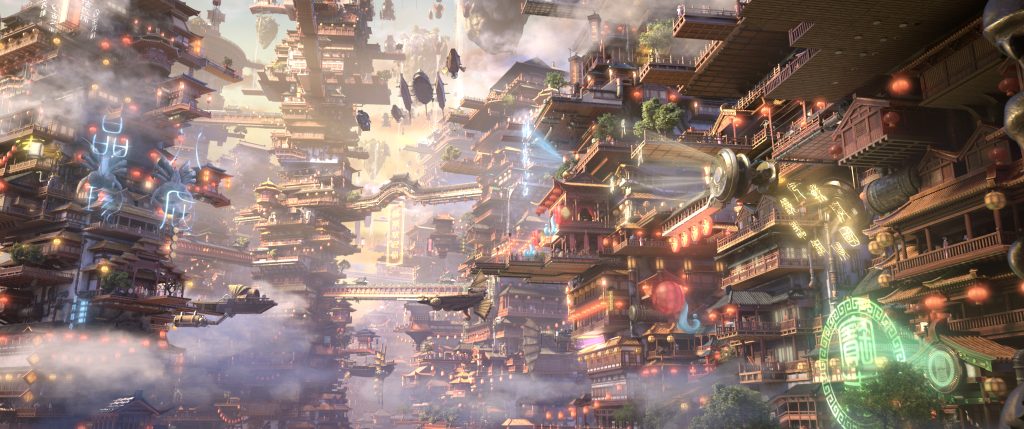 'New Gods: Yang Jian' screenshot showing a bustling divine port among the clouds.