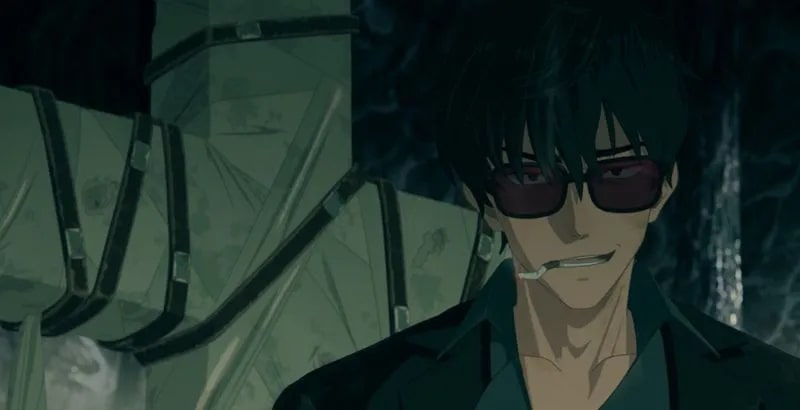 Trigun Stampede Ep. 4 "Hungry!" screenshot showing Nicholas D. Wolfwood smirking with his signature dog-end in his mouth.