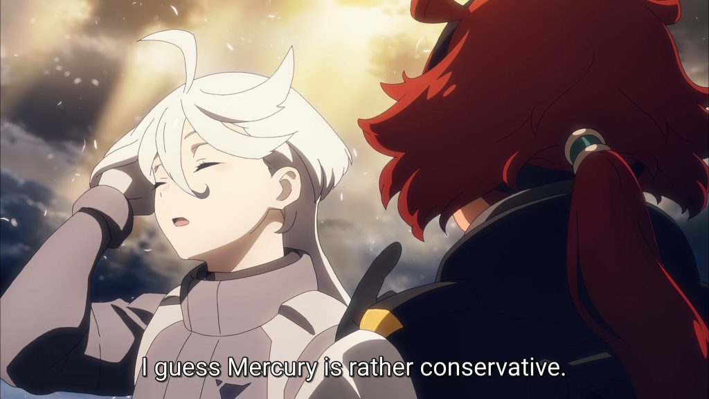 "Mobile Suit Gundam: The Witch from Mercury cours 1" screenshot showing Miorine pondering "I guess Mercury is rather conservative".