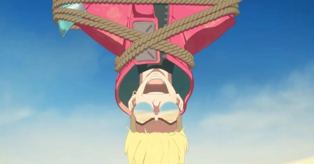 "Trigun Stampede" Ep. 1 "Noman's Land" screenshot showing Vash hanging upside-down, with his hair sticking downwards and his eyes hidden by his glasses, making him look like he did in the original 1998 anime.