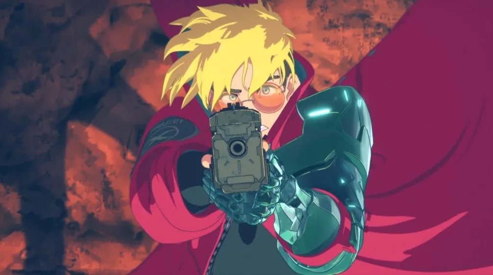 "Trigun Stampede" Ep. 1 "Noman's Land" screenshot showing Vash aiming his massive revolver skyward towards the camera.