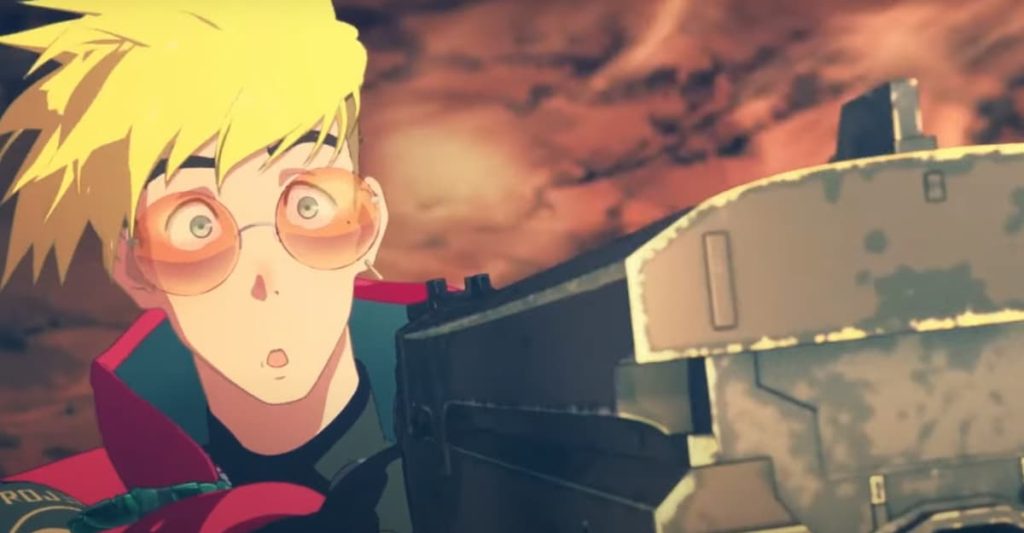"Trigun Stampede" Ep. 1 "Noman's Land" screenshot showing a puzzled Vash as his pulling on his revolver's trigger produces nothing but clicks.