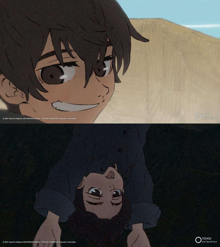 2 screenshots of 'Trigun Stampede' Ep. 6 "Once Upon a Time in Hopeland" showing the 2 adorable faces of little Wolfwood.