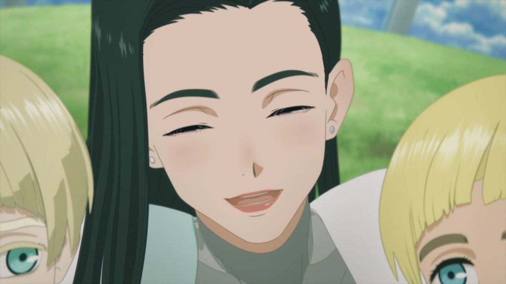 'Trigun Stampede' Ep. 8 "Our Home." screenshot showing Rem laughing with and hugging young Vash and Knives.