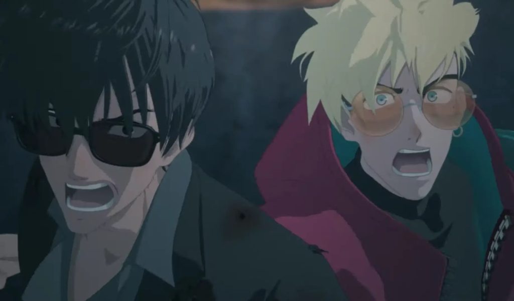 'Trigun Stampede' Ep. 7 "Wolfwood" screenshot showing a very angry and determined Nicholas and Vash.