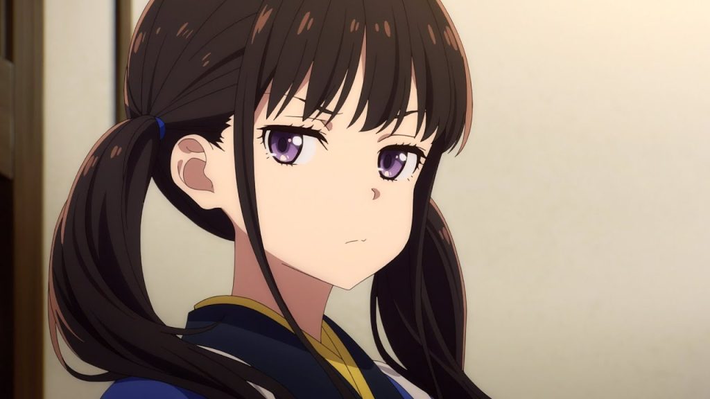 'Lycoris Recoil' anime screenshot showing Takina with an annoyed frown.