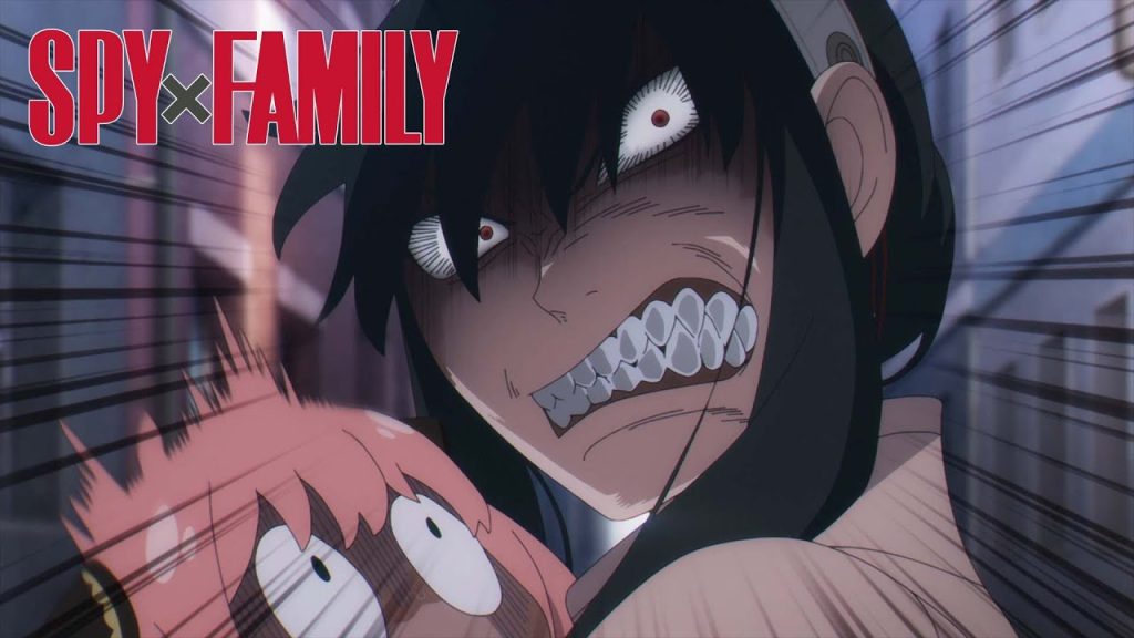 'Spy x Family" anime screenshot showing Yor growling at a charging dog with a bestial expression, and scaring the crap out of Anya too.