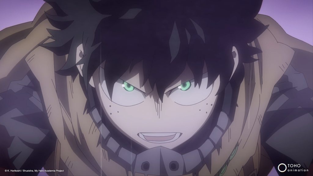 'My Hero Academia' anime screenshot showing a very angry and determined Izuku "Deku" Midoriya.