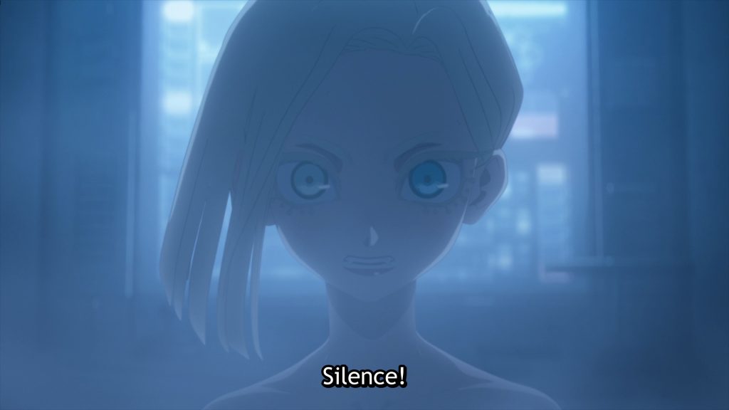 'Trigun Stampede' Ep. 10 "Humanity" screenshot depicting Elendira screaming for silence.