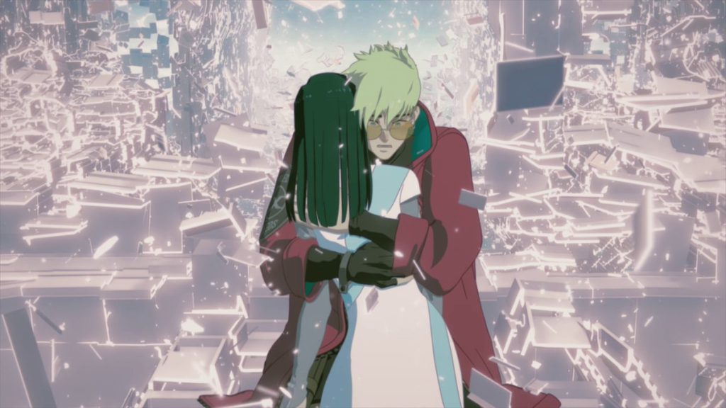 Trigun Stampede Ep. 11 "To a New World" screenshot depicting Vash hugging an non-responsive Rem in his mind as his world falls apart around him.