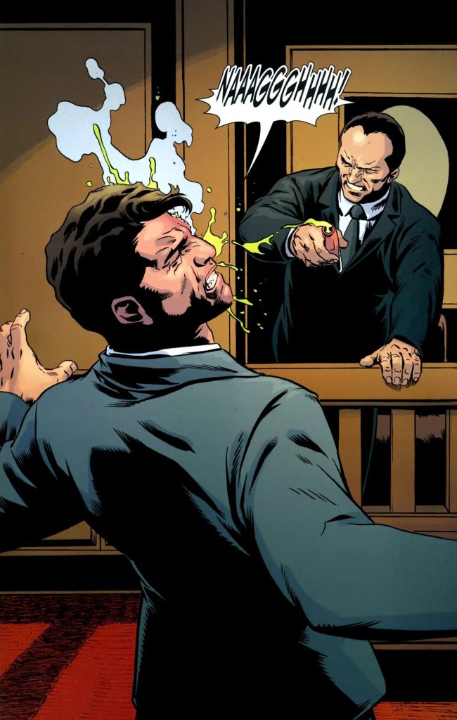 'Batman' comic panel showing Sal Maroni throwing a bottle of acid into Harvey Dent's face.