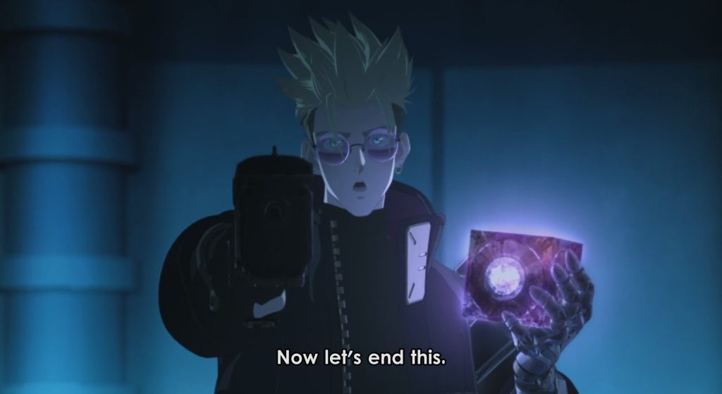 Trigun Stampede Ep. 12 "High Noon at July" screenshot depicting Vash finally with his iconic spiky hair.