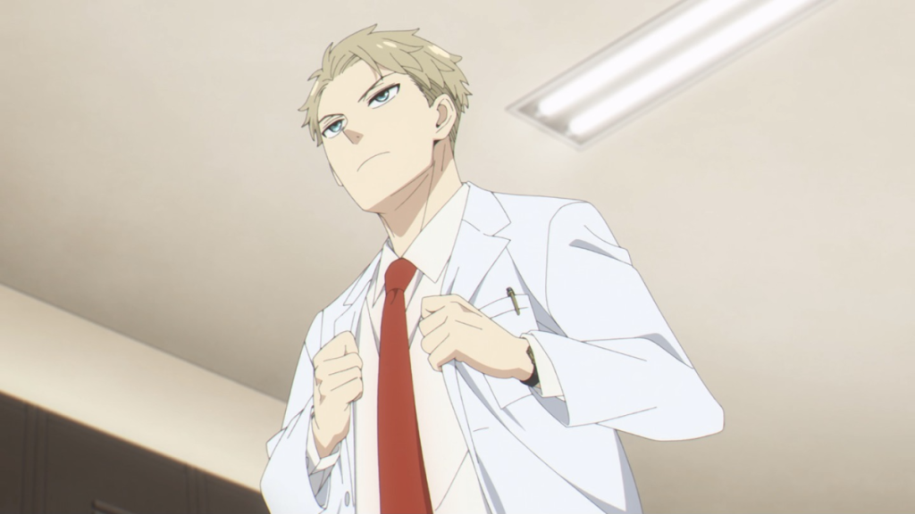 'Spy x Family' anime screenshot depicting Dr. Loid in his doctoring outfit, ready to receive patients.